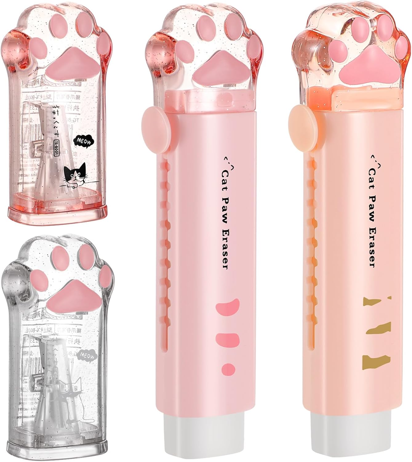 4 piezas de material escolar Kawaii de pata de gato, lindo sacapuntas de pata de gato y borrador retráctil en forma de pata de gato, sacapuntas