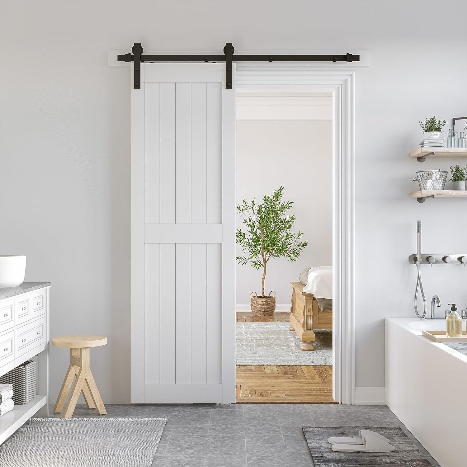 SmartStandard Puerta corrediza de MDF de 26 x 84 pulgadas, revestimiento de PVC impermeable, solo puerta interior, marco en H