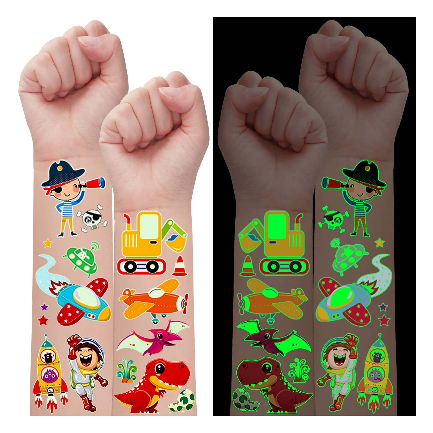 Partywind 20 hojas (230 estilos) tatuajes temporales luminosos para niños y niños, calcomanías de tatuaje impermeables brillantes con