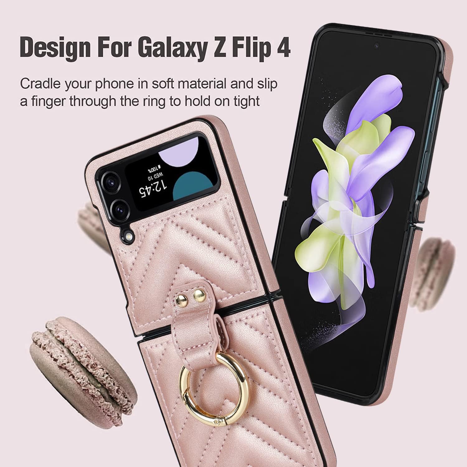 Asuwish Funda de teléfono para Samsung Galaxy Z Flip 4 5G 2022 con anillo, delgada, a prueba de golpes, resistente piel sintética, accesorios de