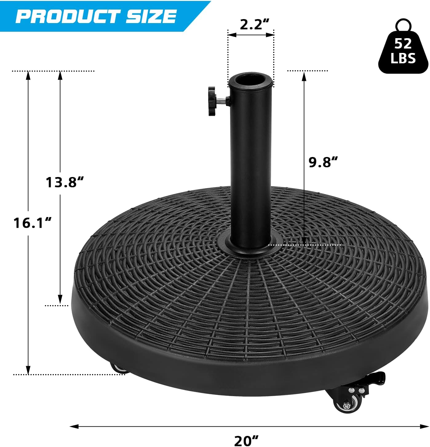 EROMMY Base de sombrilla de 52 libras, soporte de paraguas con ruedas frenables, base de sombrilla de patio resistente para exteriores de 1.5 a 1.89
