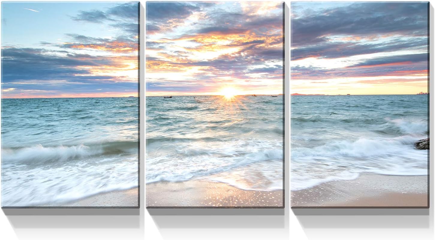 Denozer – Lienzo decorativo de 3 paneles para decoración del hogar, mar azul, puesta de sol y playa, pintura blanca, impresión sobre lienzo, paisaje