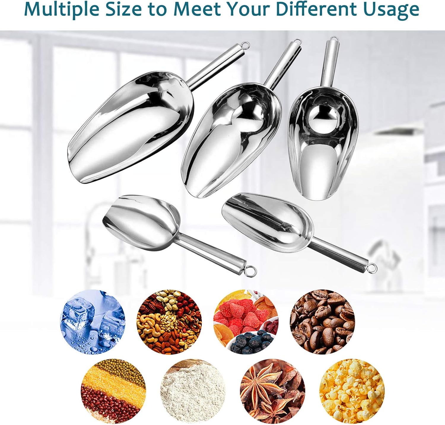 E-far – Juego de 2 cucharas de hielo de 8 onzas, de acero inoxidable para cubitos de hielo, dulces, harina, azúcar, cucharas de metal para fiestas,