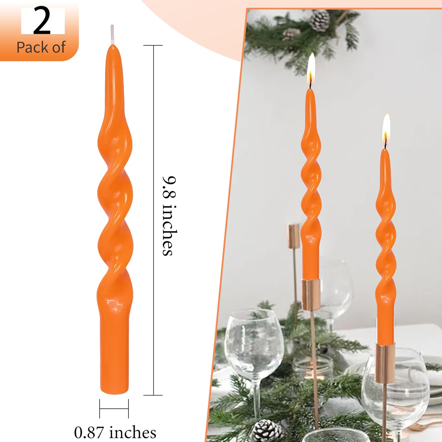 Velas cónicas naranjas en espiral, palitos de vela de 10 pulgadas, sin perfume, para Halloween, Navidad, boda, fiesta, cena, decoración del hogar