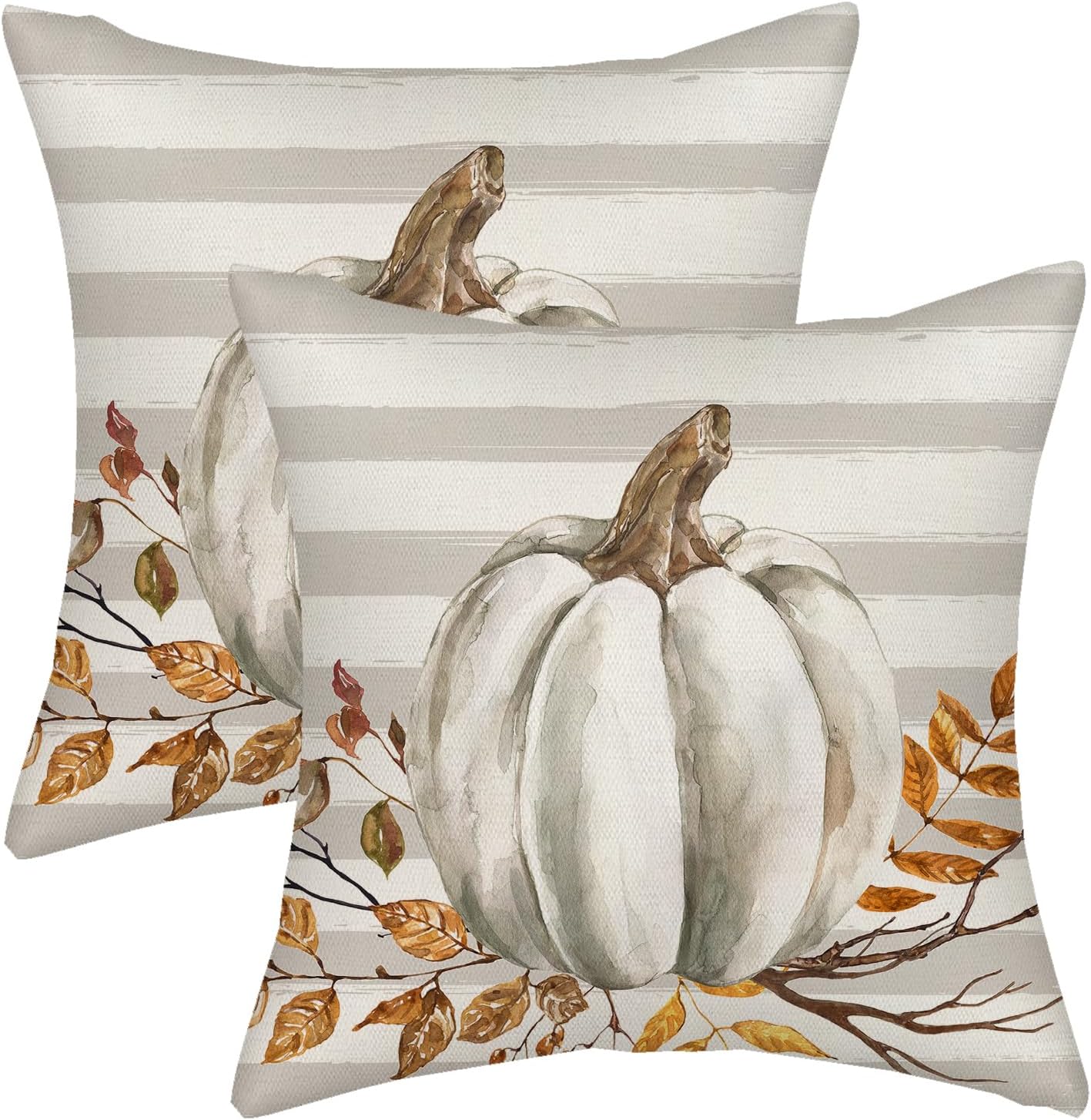 Juego de 2 fundas de almohada de otoño de 16 x 16 pulgadas, diseño de calabaza a rayas grises para sofá, hojas de arce, cosecha de otoño, interiores