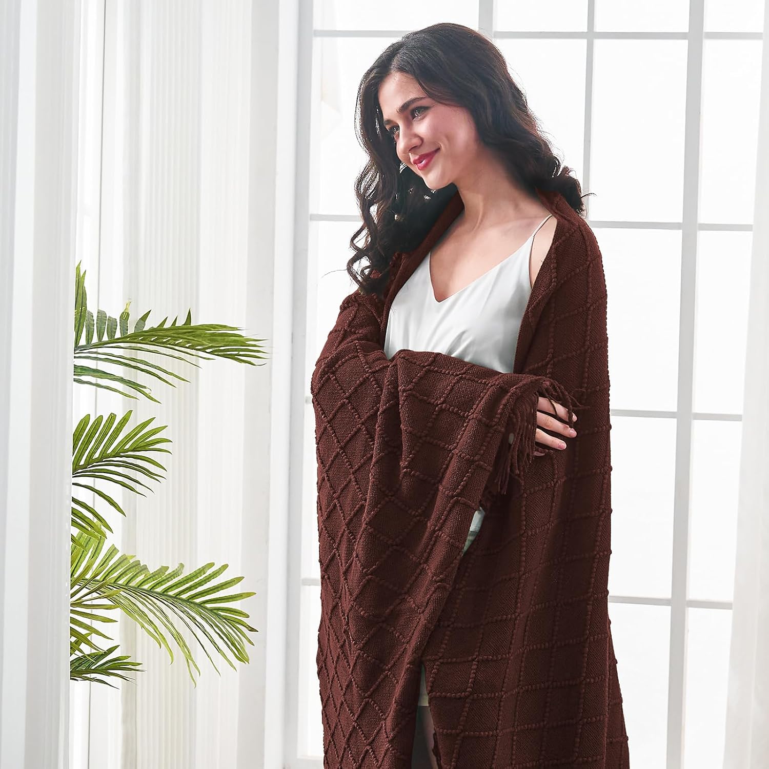 inhand Mantas de punto para sofá y cama, manta de punto suave y acogedora con borlas, mantas decorativas ligeras y mantas decorativas de granja para
