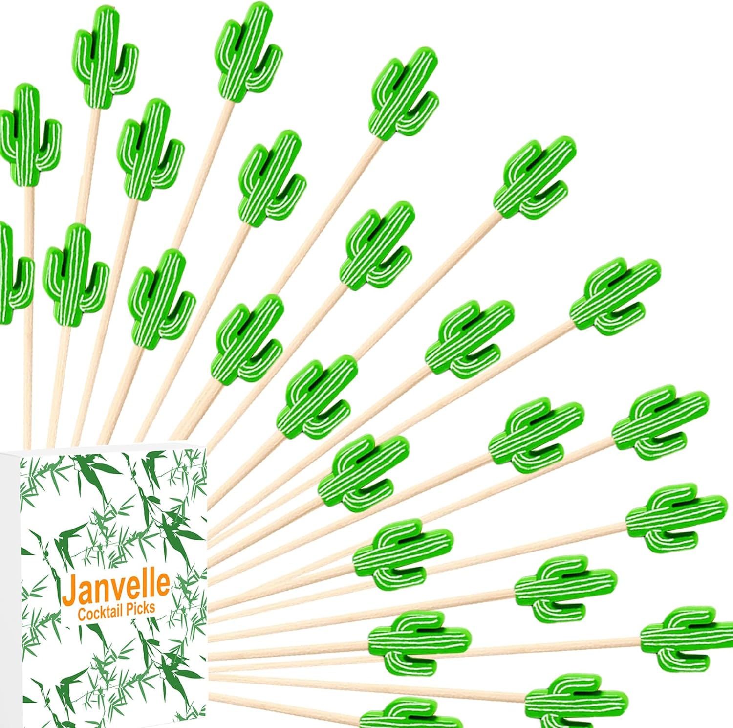 Palillos de cóctel de cactus de bambú para aperitivos, brochetas de frutas de 4.7 pulgadas, palillos de comida tropical verde, 100 unidades por