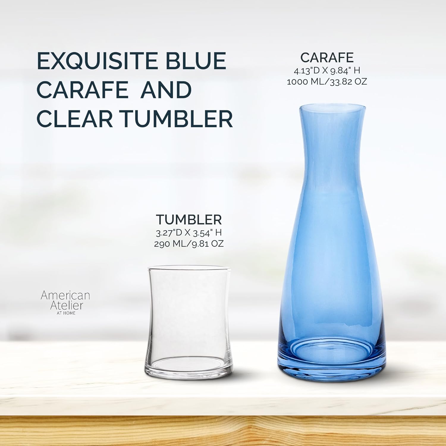 American Atelier Jarra de agua azul con vaso transparente  Jarra de 33 onzas y vaso a juego  Usa la taza como tapa para jarra  Para habitación de