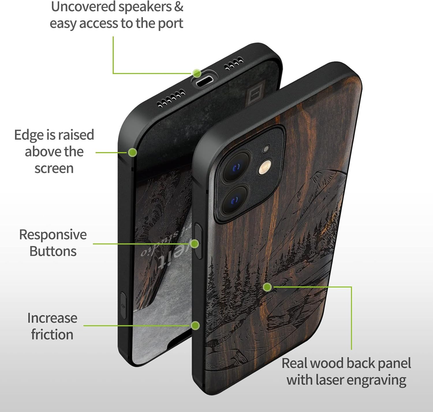 Carveit Funda magnética de madera para iPhone 12 madera natural y TPU suave negro a prueba de golpes, funda de madera única compatible con magsafe