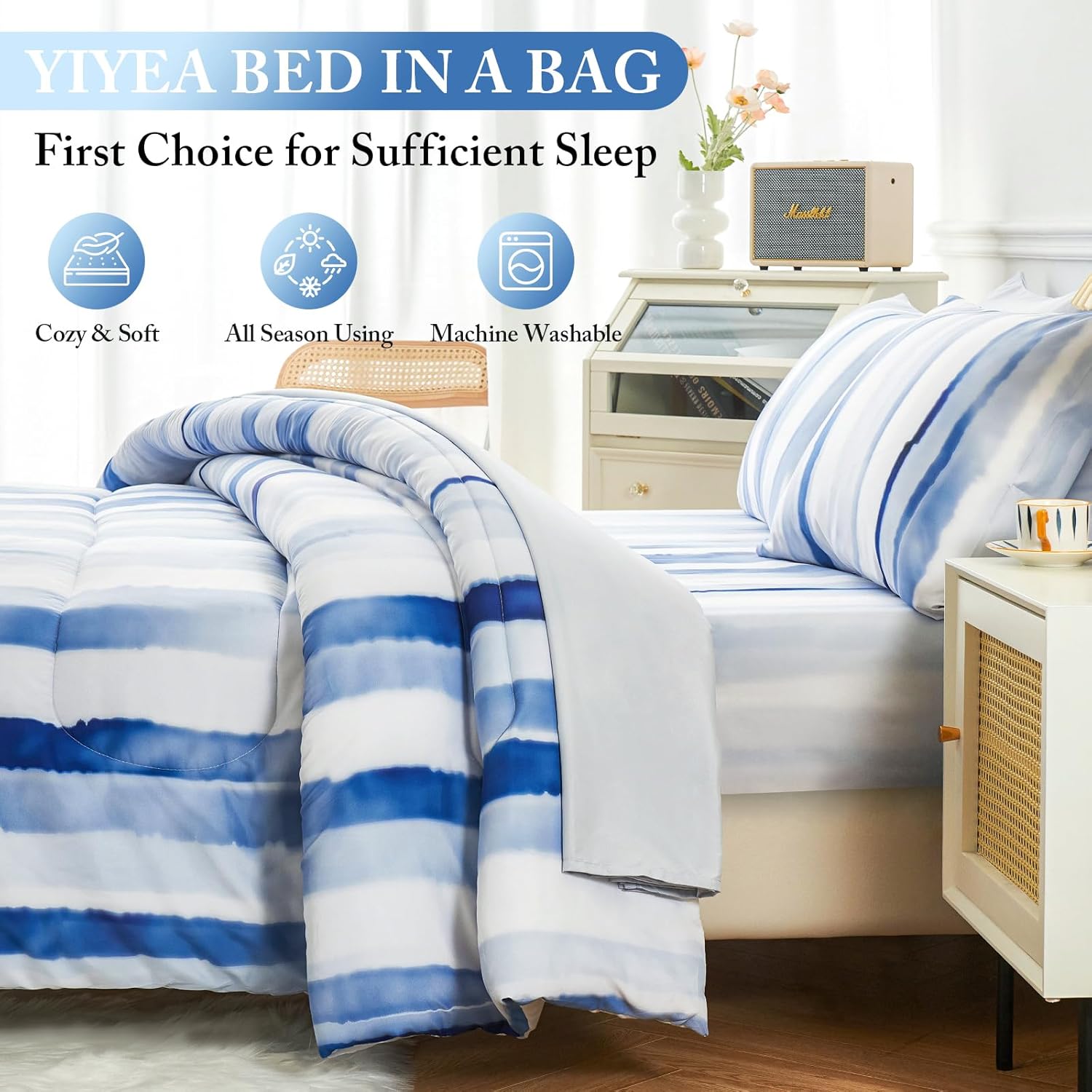 YIYEA Juego de edredón tamaño King  Estampado floral  7 piezas de cama en una bolsa  Juegos de ropa de cama para todas las estaciones con edredón,