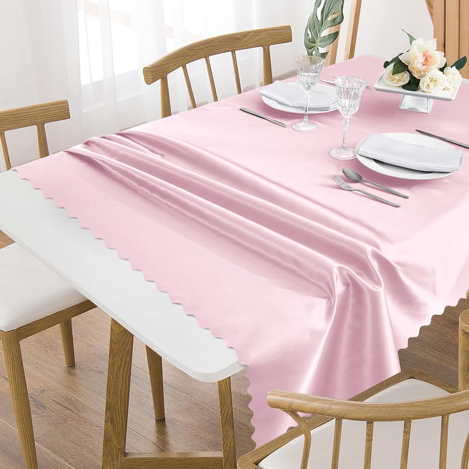 Mantel rectangular de satén rosa de 60 x 120 pulgadas, mantel festoneado (1 paquete), mantel rectangular de satén oblongo, resistente al agua,