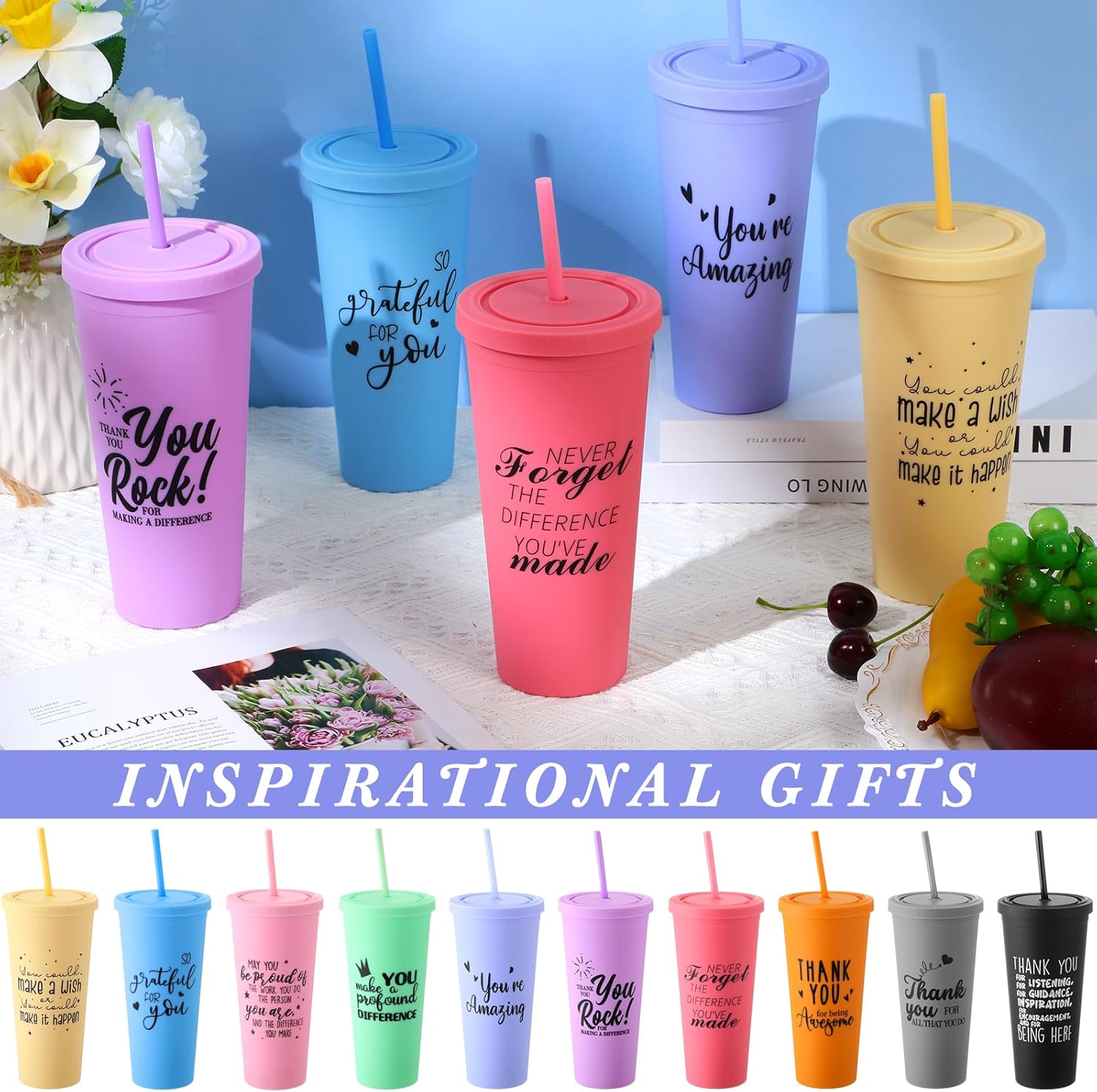 Nosiny 10 vasos de plástico inspiradores a granel con tapas y pajitas, regalos de agradecimiento, vasos de colores mate de doble pared para