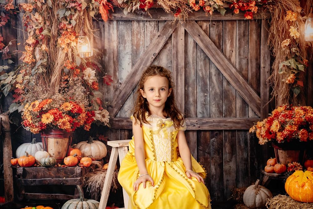 Kate Decoración de calabaza de granja de Acción de Gracias de 7 x 5 pies, fondos de fotografía de madera rústica, otoño, flores amarillas, hojas,