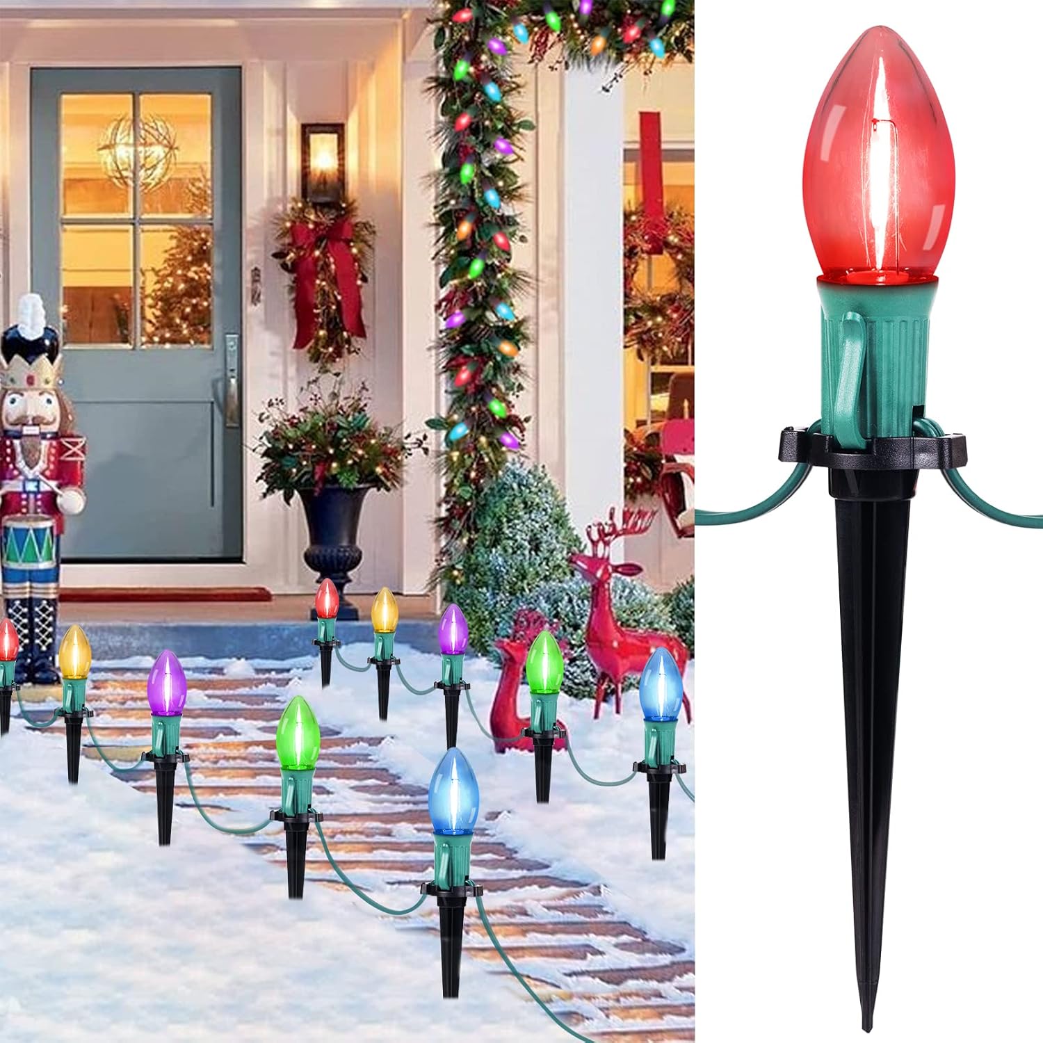 Luces de Navidad C9 para exteriores, 4 paquetes en total de luces de camino de Navidad de 103 pies con 80 bombillas LED y estacas, decoraciones de