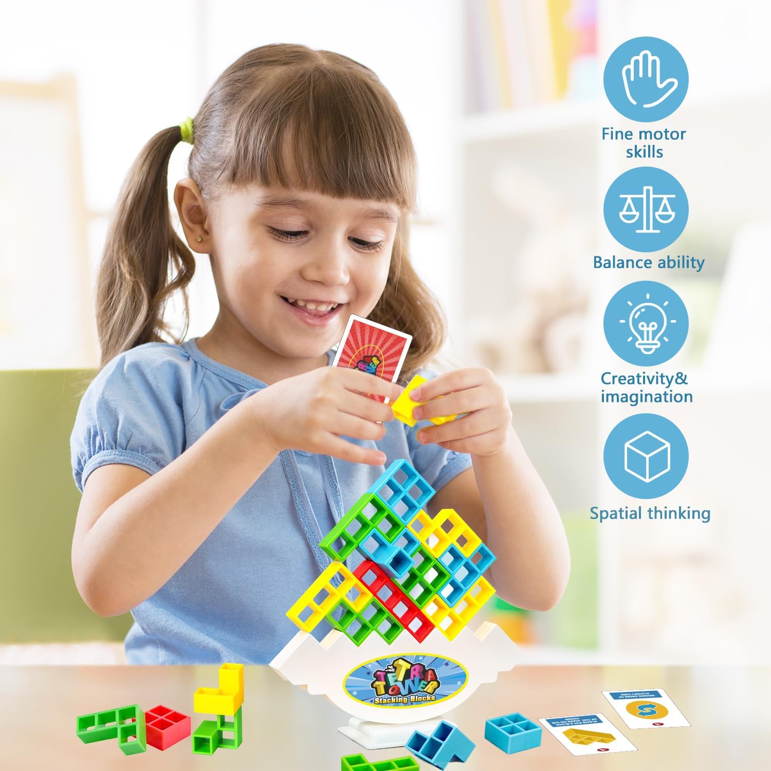 Tetra Tower – Juguetes apilables de equilibrio, 16 piezas de juegos de mesa para niños y adultos, juego de equilibrio para 2 jugadores, bloques de