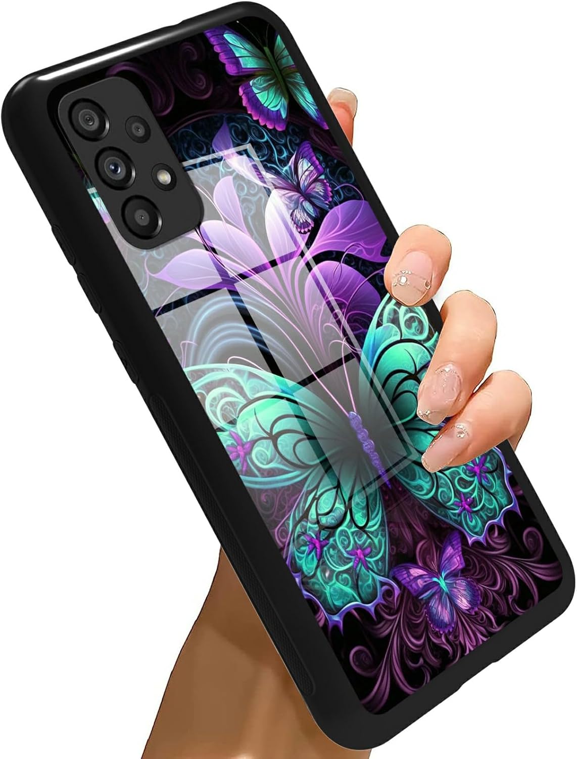 Funda para Samsung Galaxy A32 5G Galaxy A32 5G, vidrio templado, funda negra con diseño de mariposas diseñada para mujeres y hombres, funda de