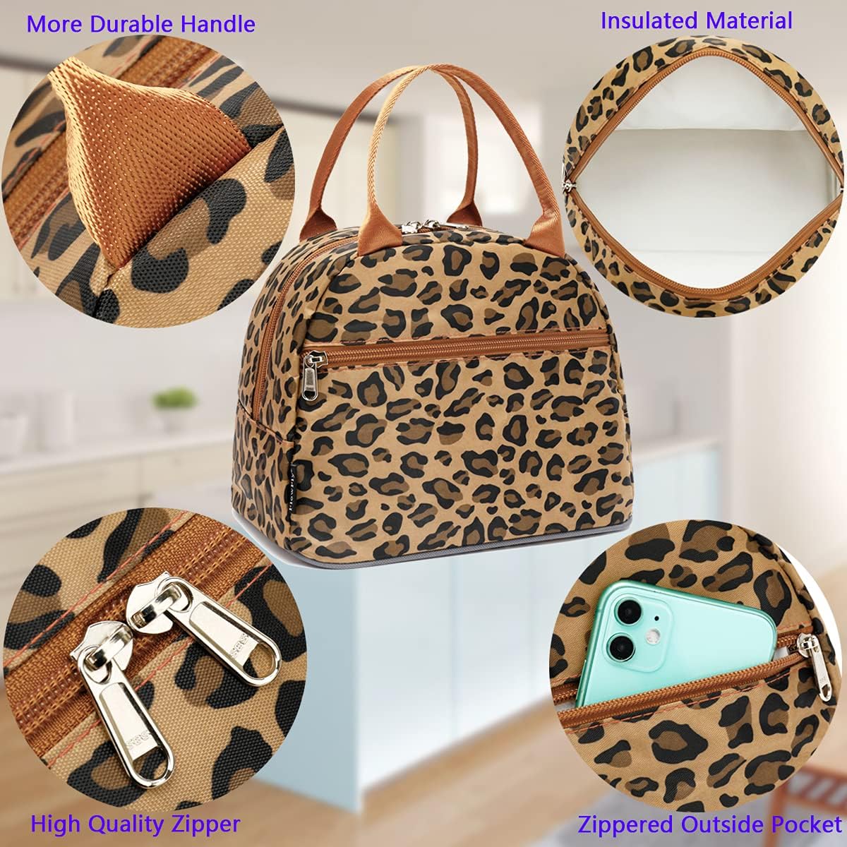 FlowFly Bolsa de almuerzo, organizador de almuerzo, soporte para almuerzo, bolsa térmica para almuerzo, bolsa térmica para mujereshombres, leopardo