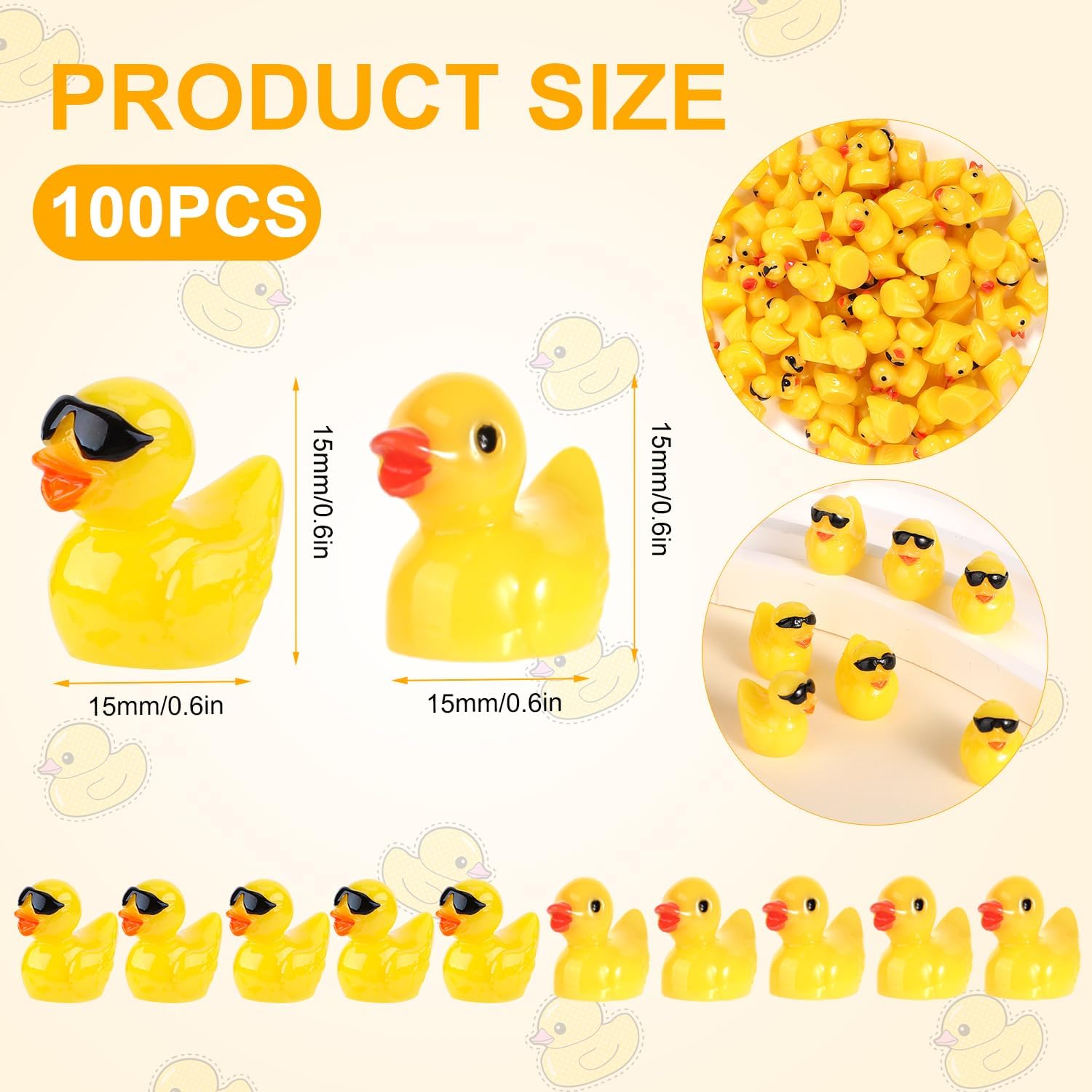 100 mini patos de resina, 50 lindos patos de resina con lentes de sol y 50 patos de resina de ojos negros en miniatura para casas de muñecas,