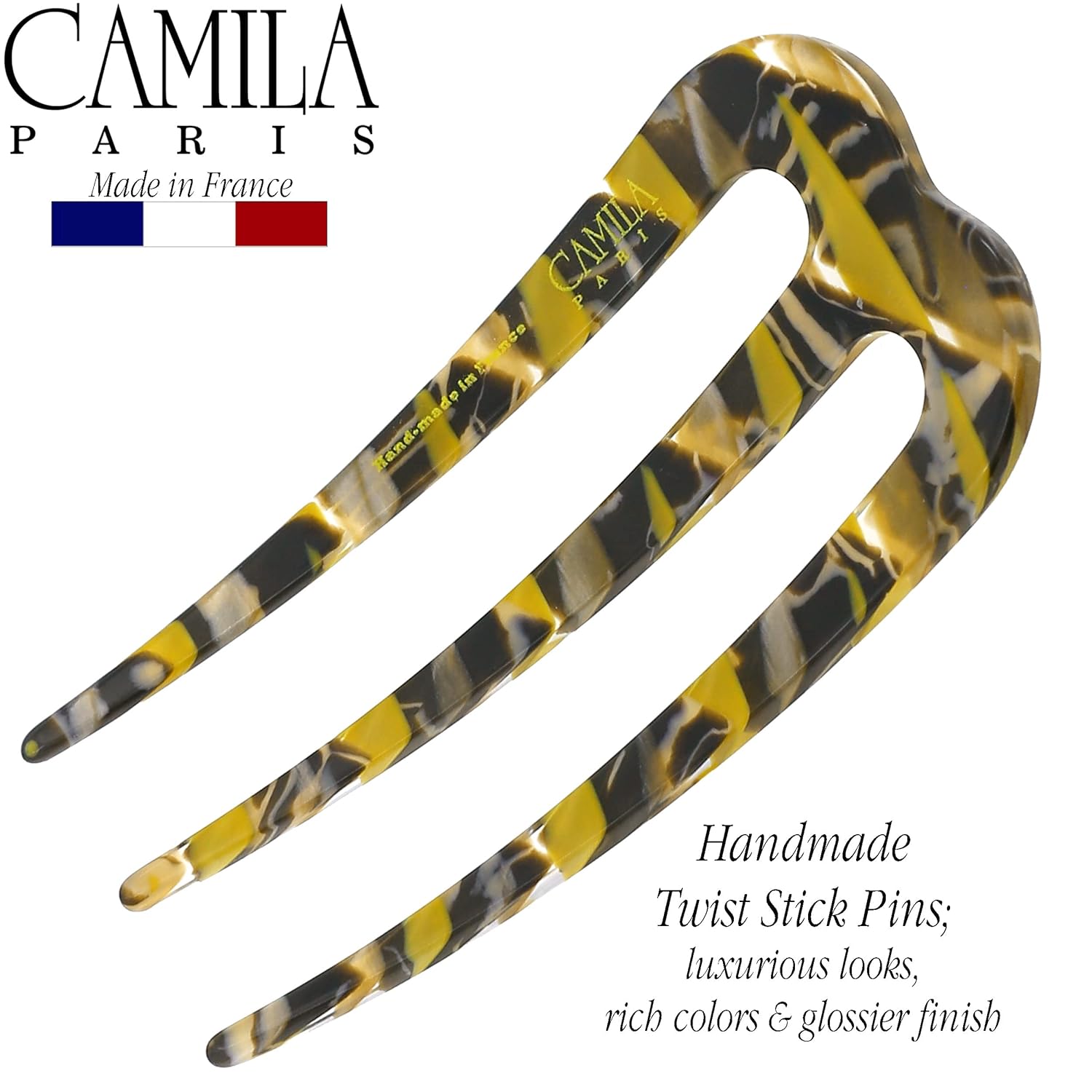 Camila Paris CP3167 – Pinzas de clip para palillo francés, color mostaza, ondulado, 3 puntas, tenedor de pelo para niñas, soporte para moño,