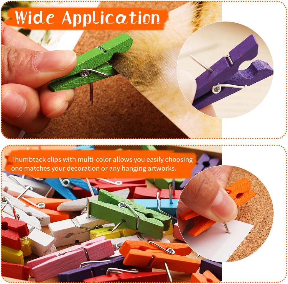 Pinzas de empuje coloridas, tachuelas para el pulgar con clips de madera, 100 pines para tablero de corcho, decoraciones de tablones de anuncios,