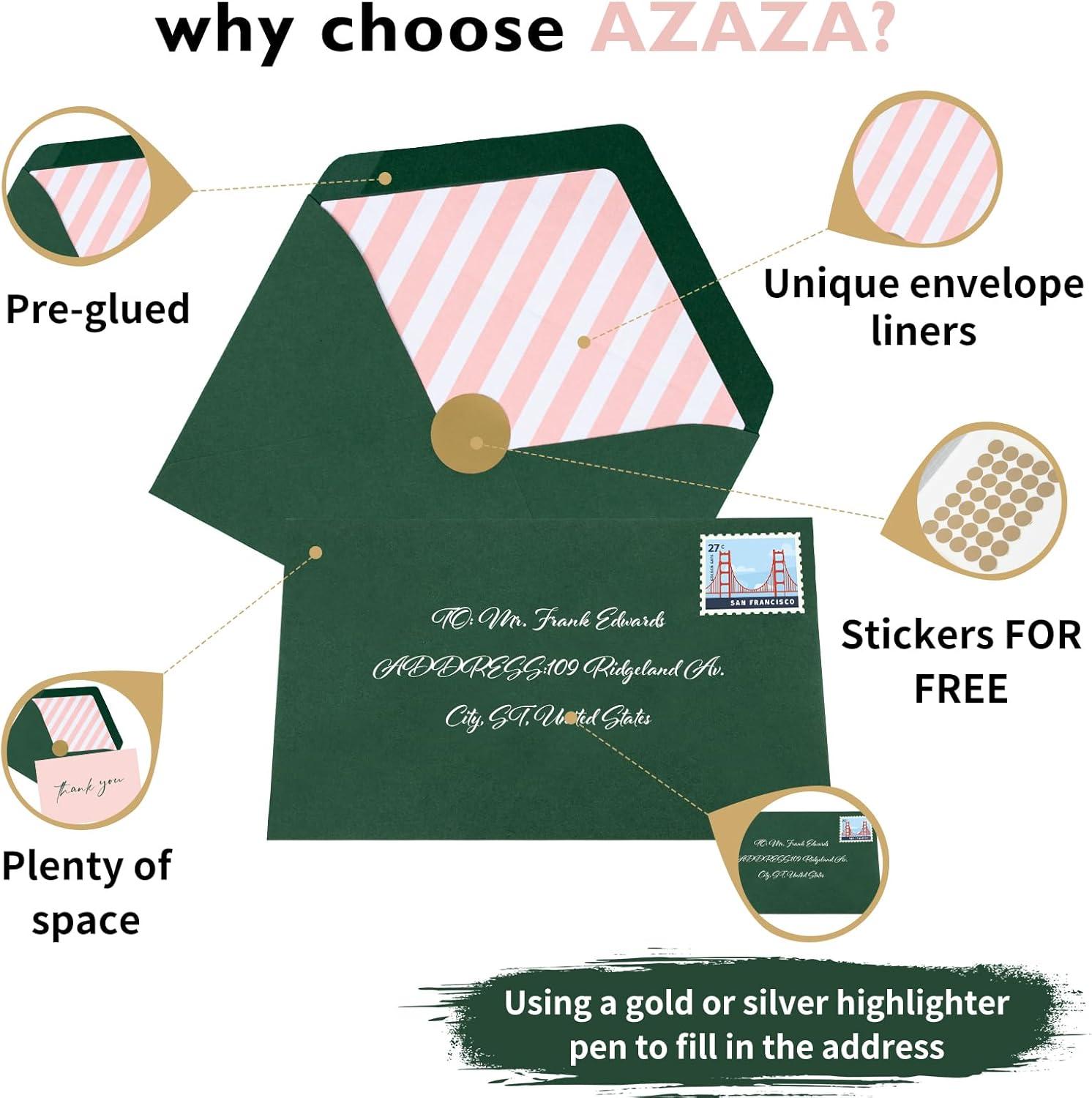 AZAZA Tarjetas de agradecimiento con sobres de diseño a rayas, paquete de 24 tarjetas de agradecimiento a granel de 4 x 6 pulgadas, tarjetas de