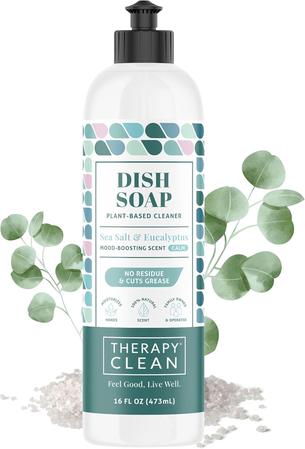 Therapy Clean – Jabón para platos, fragancia 100% natural, líquido para lavar platos a base de plantas (Sal marina y eucalipto (calma y calma), 16