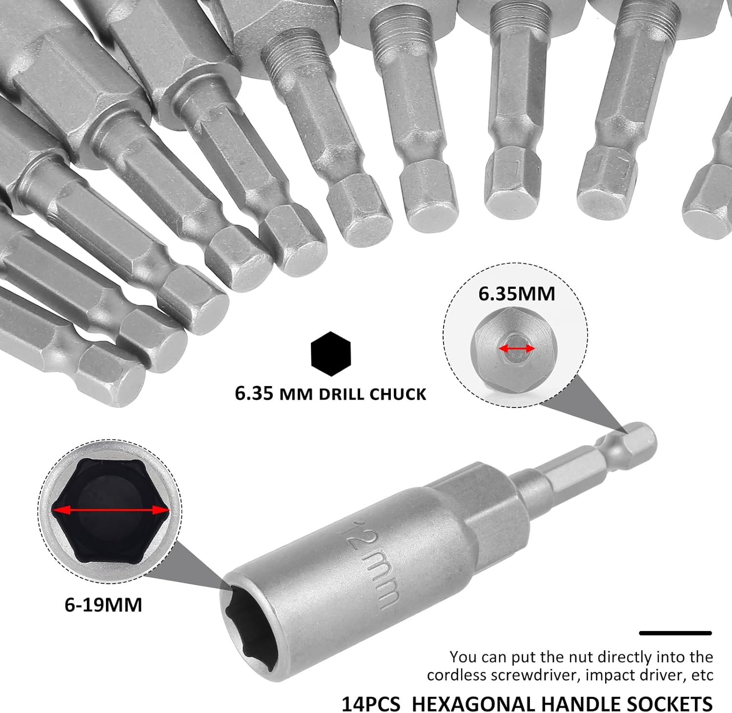 Juego de 14 llaves hexagonales, kit de adaptador de enchufe profundo de 0.394 a 0.794 pulgadas, juego de brocas de tuerca de cambio rápido,
