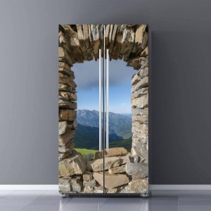 Juego de envoltorio de vinilo autoadhesivo para refrigerador, diseño de montañas vistas desde el interior de una ventana arruinada, adhesivo Juego de envoltorio de vinilo autoadhesivo para refrigerador, diseño de montañas vistas desde el interior de una ventana arruinada, adhesivo