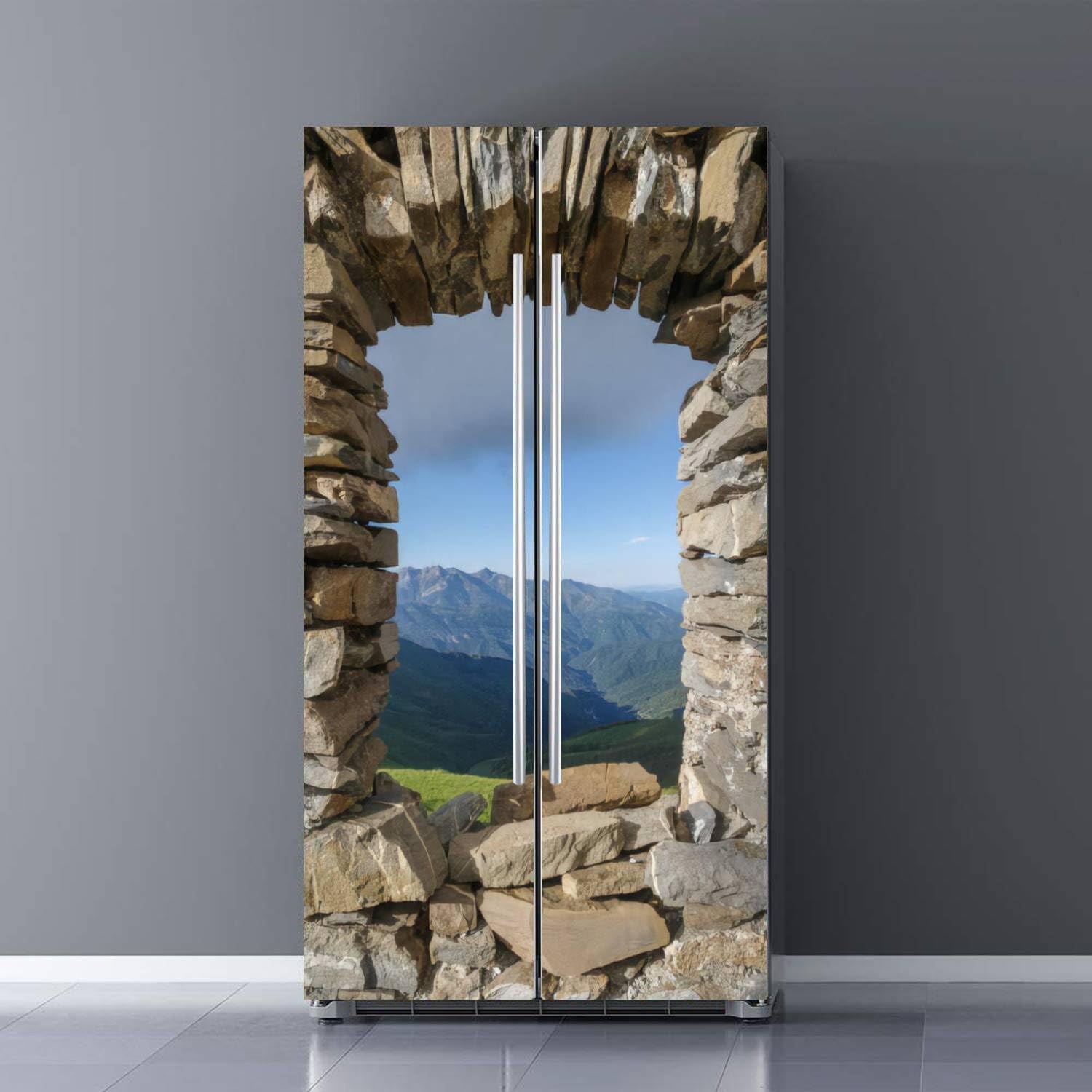 Juego de envoltorio de vinilo autoadhesivo para refrigerador, diseño de montañas vistas desde el interior de una ventana arruinada, adhesivo