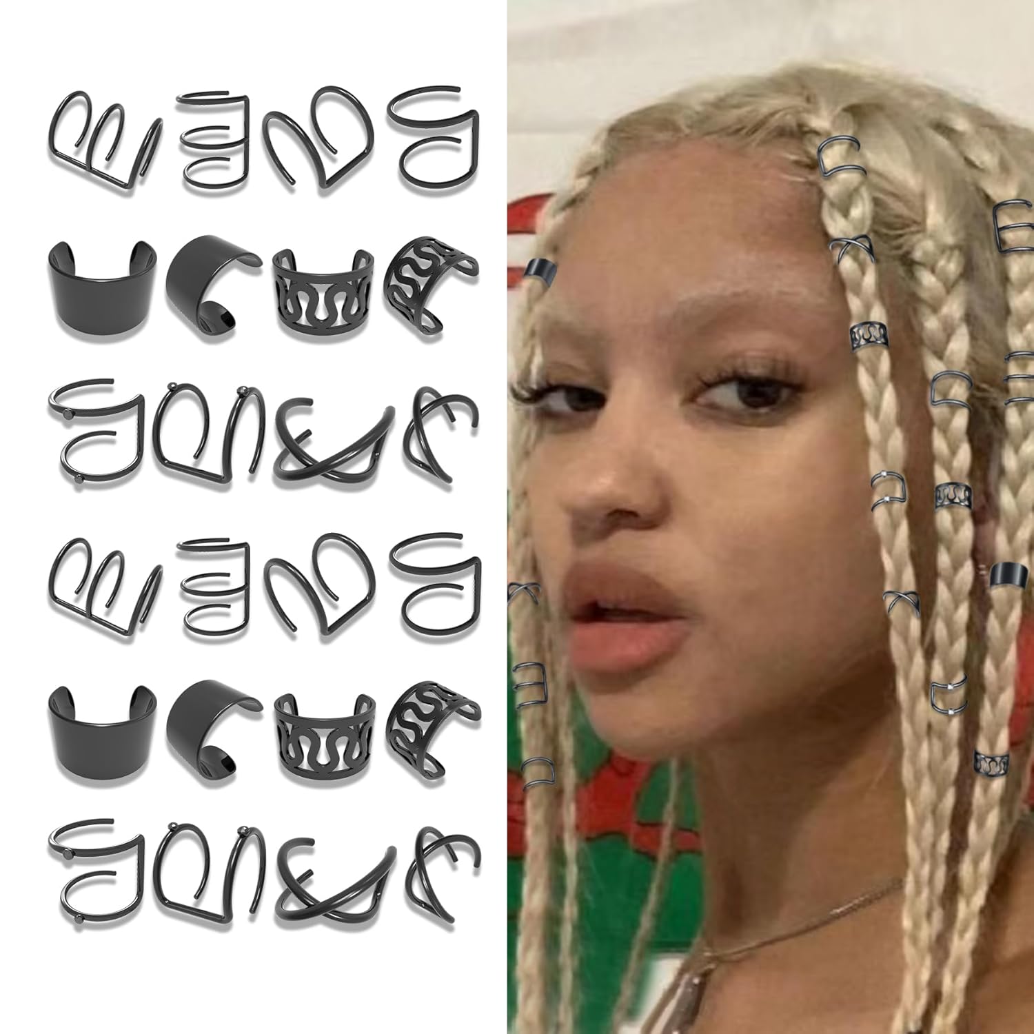 24 piezas de joyería de cabello negro para trenzas, aretes de metal sin perforación, joyería con diamantes de imitación de cristal, cuentas de