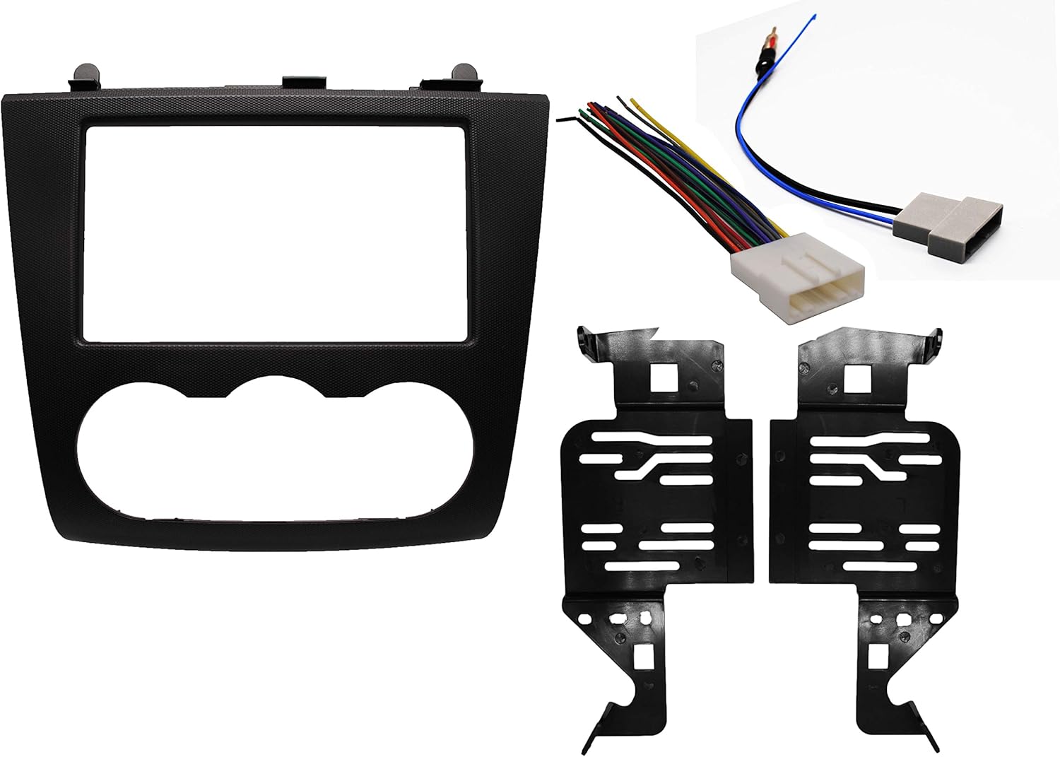 Kit de instalación de radio doble DIN + mazo de cables + adaptador de antena con textura compatible con Nissan Altima 2007-2012