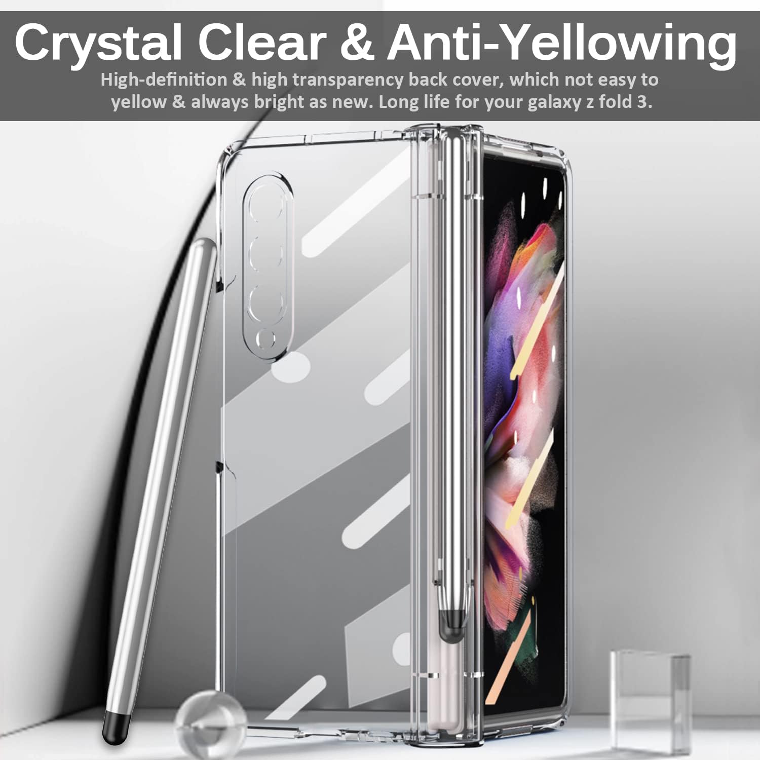 Miimall Funda para Samsung Galaxy Z Fold 3 con bolígrafo, Z Fold 3 con S Pen con soporte para bolígrafo + pantalla de vidrio templado + cubierta de