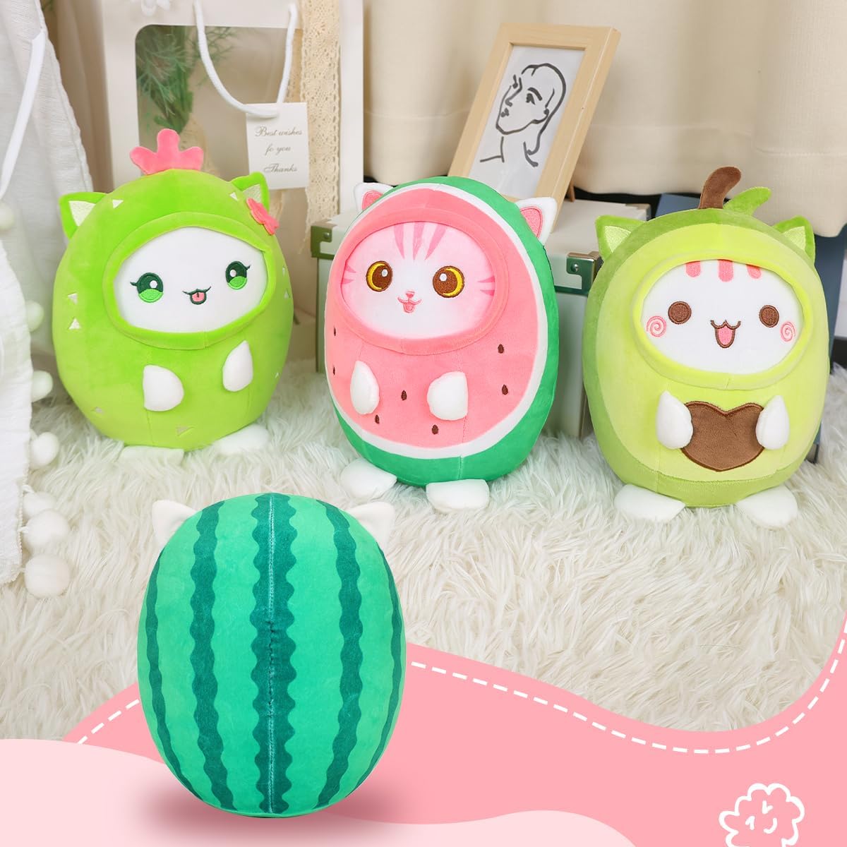 AIXINI Bonita almohada de peluche de gato sandía de 8 pulgadas, suave peluche Kawaii con traje de fruta, regalo para niños