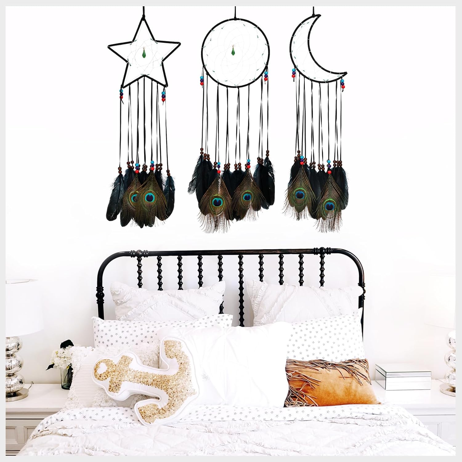 FeelfunFeather 3 piezas de atrapasueños negros tradicionales con diseño de luna, sol, estrella y plumas negras y de pavo real para niños para colgar