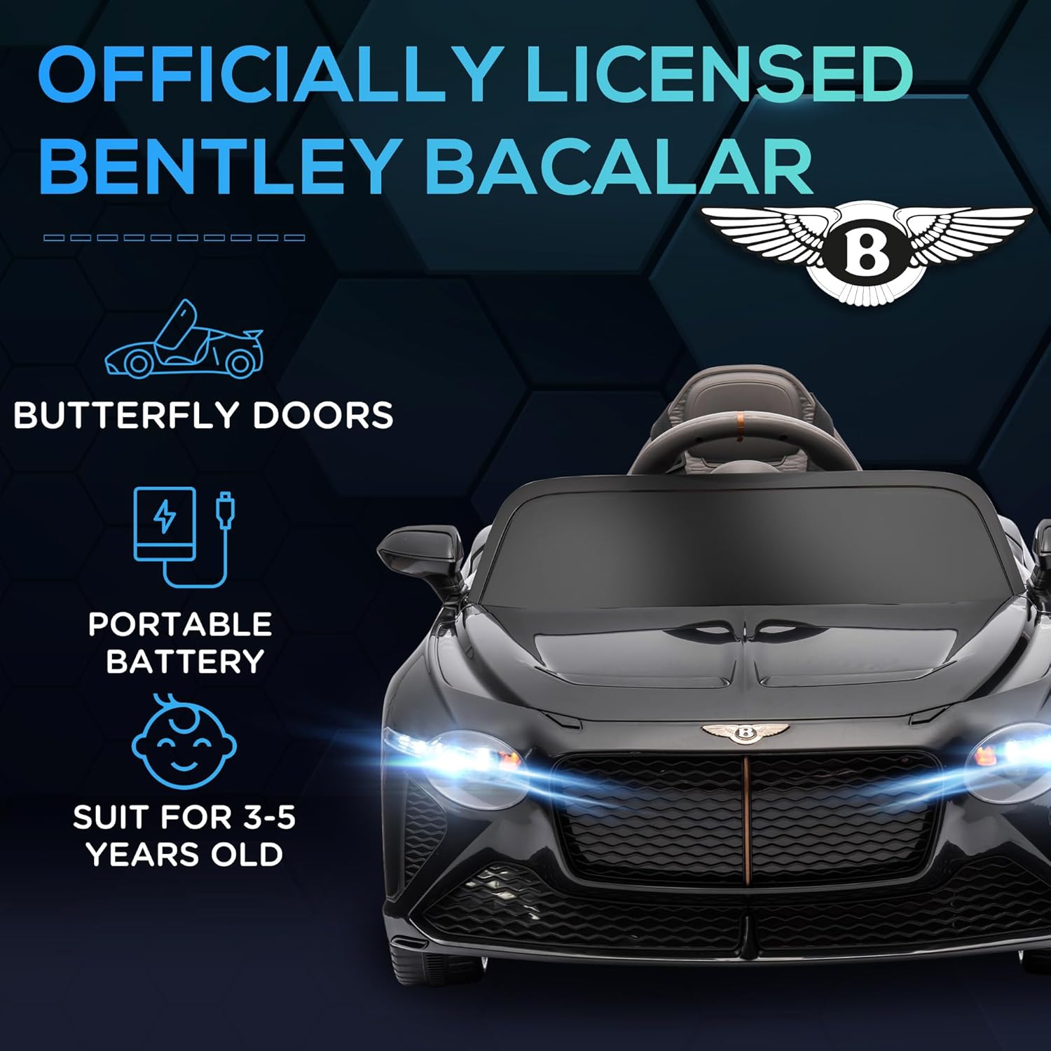 Aosom Bentley Bacalar – Auto eléctrico de 12 V para niños con control remoto, sistema de suspensión, bocina, música, luces, color negro