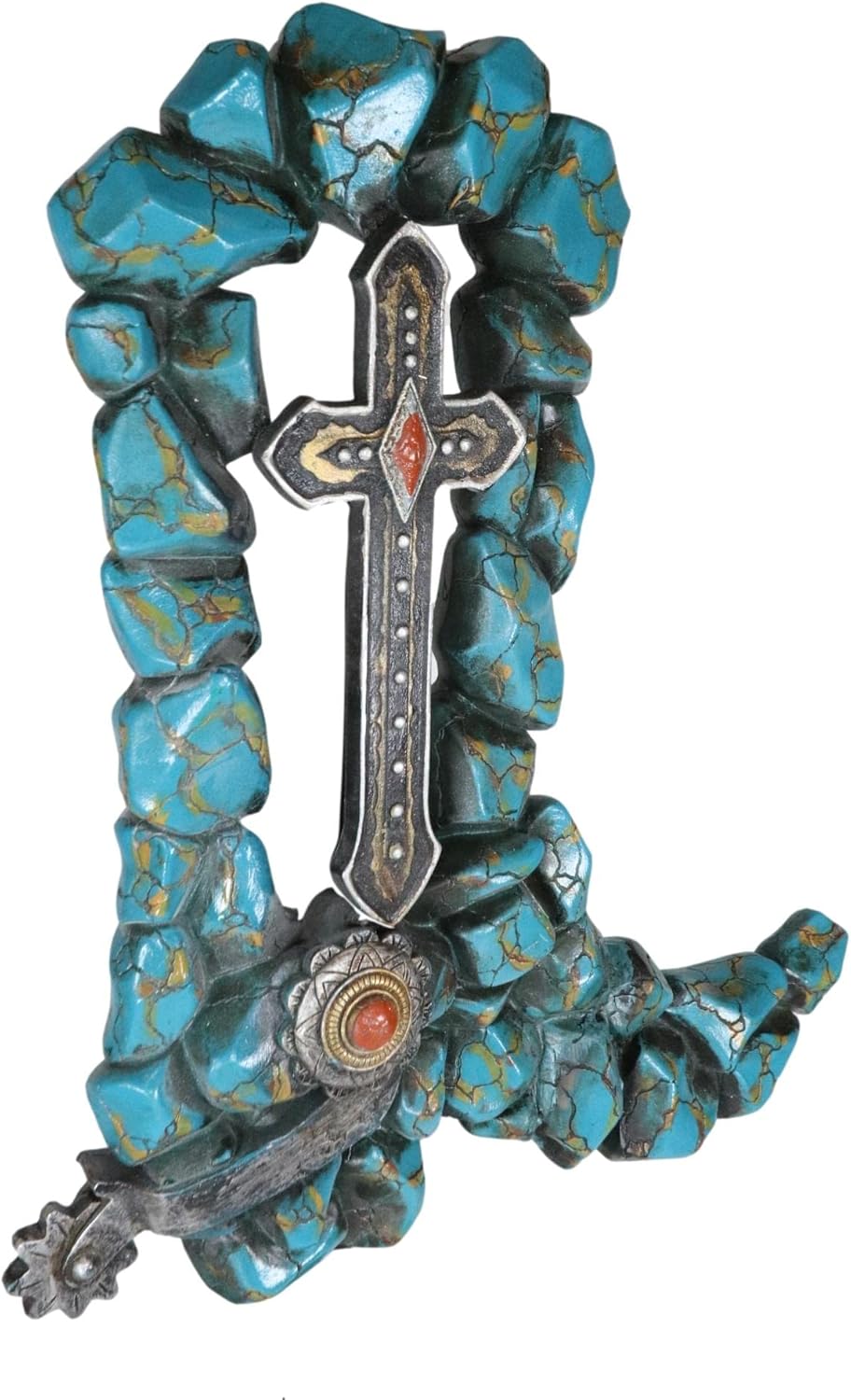Ebros Gift Botas vaqueras rústicas con piedras preciosas de turquesa agrietada del suroeste con espolón y cruz vintage para colgar en la pared,