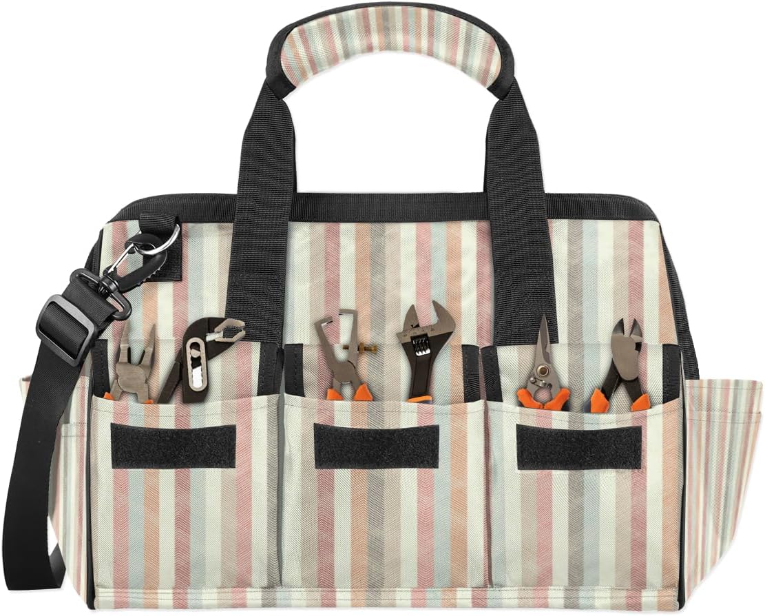 Retro Stripe Pastel Wide Mouth Tool Bags for Men and Women 14 Pockets Tool Tote Bag Pouch Heavy Duty Tool Organizer Bag with Adjustable Strape for