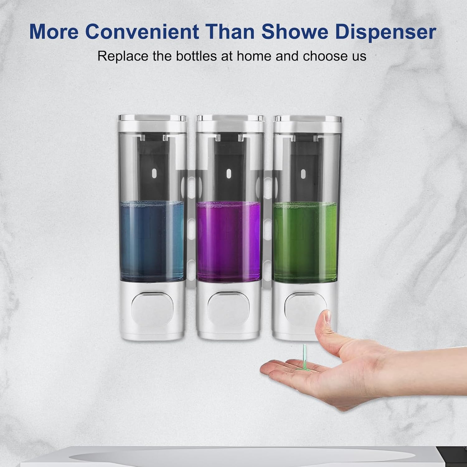 6pcs Shampoo and Conditioner Dispenser No Drill Shower soap Dispenser Wall Mounted 3 Chamber for Bathroom, Kitchen,Hotel Pumps are Easy to use No