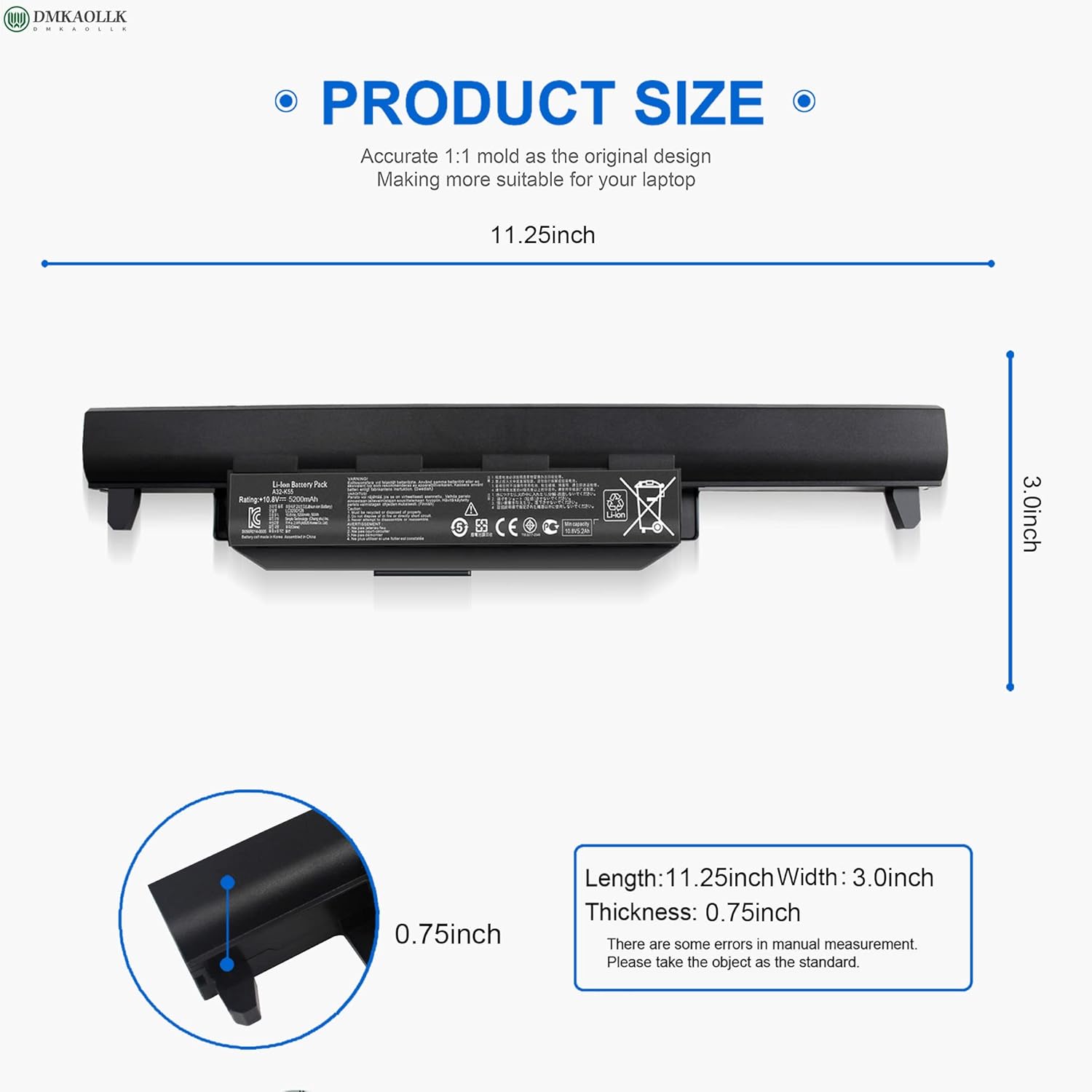 DMKAOLLK A32-K55 – Batería para portátil Asus K55 K55A R500V R503C X55C U57 U57A K75 K45 A75 A75V X45 X55 X75 R400 R500 R700 Series A33-K55 a41-kr