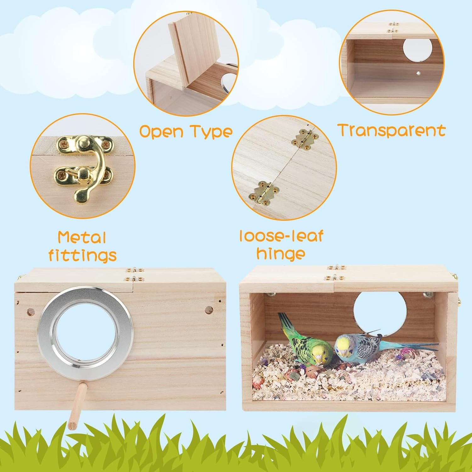 Rypet Caja de nido de periquitos con diseño transparente, caja de cría de nido de pájaros con perca de madera para pájaros de cacatúa, agapornis,