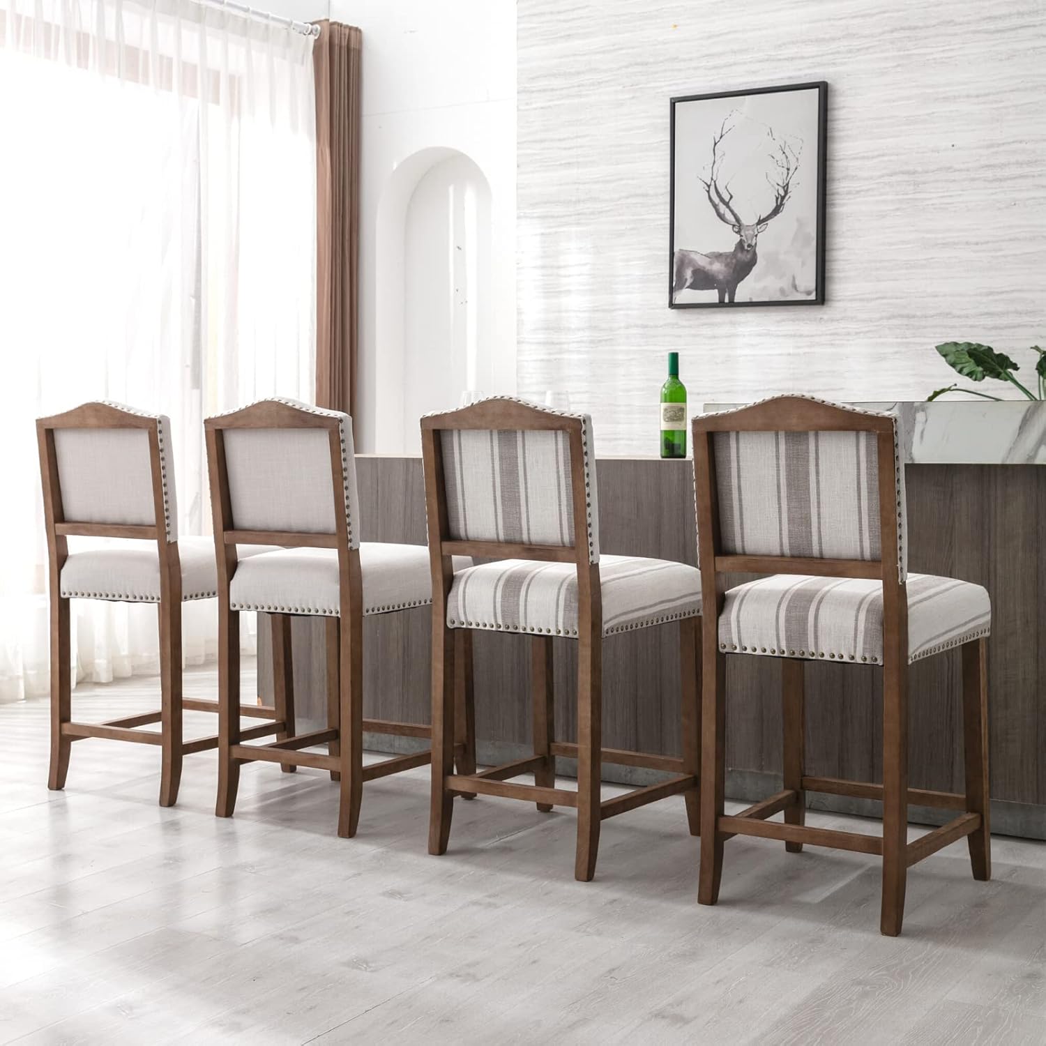 ROCITY Juego de 2 taburetes de bar tapizados de lino beige de 26 pulgadas, taburete de madera rústica con respaldo, isla de cocina, herramientas de