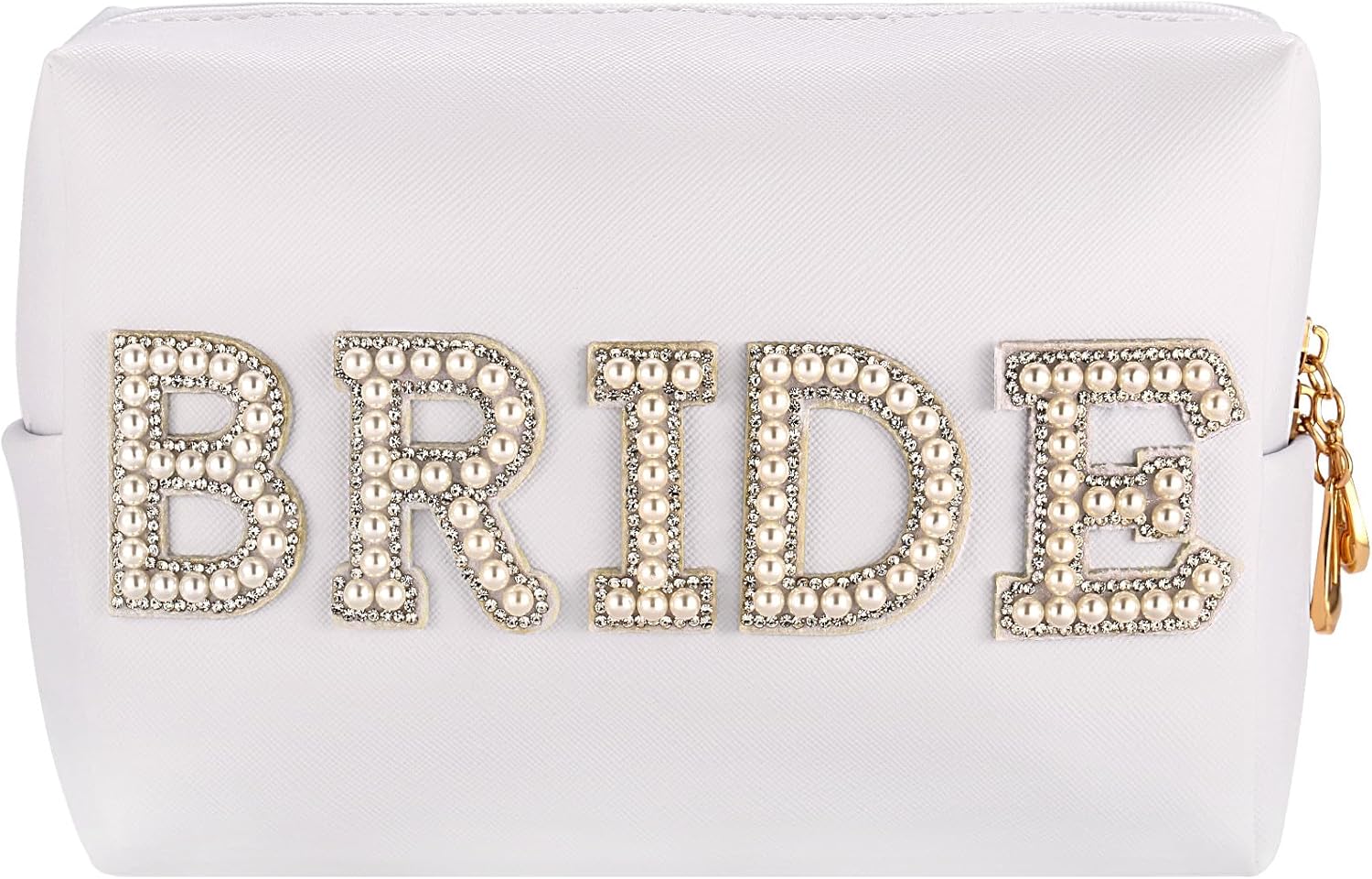 Bride Patch MRS – Bolsa de cosméticos para mujer, bolsa de maquillaje con letras de diamantes de imitación para mujer, portátil, pequeña, de piel