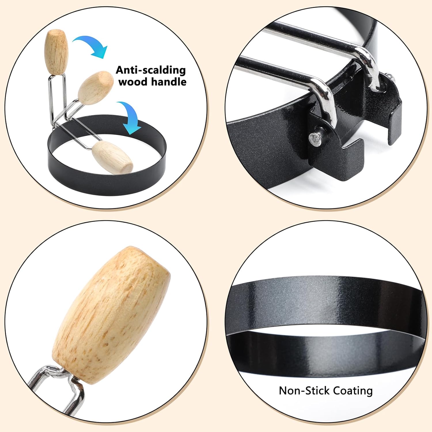 Anillos de huevo para freír huevos, 4 unidades, antiadherentes, tortilla y panqueques para plancha con mango de madera (juego de 4)