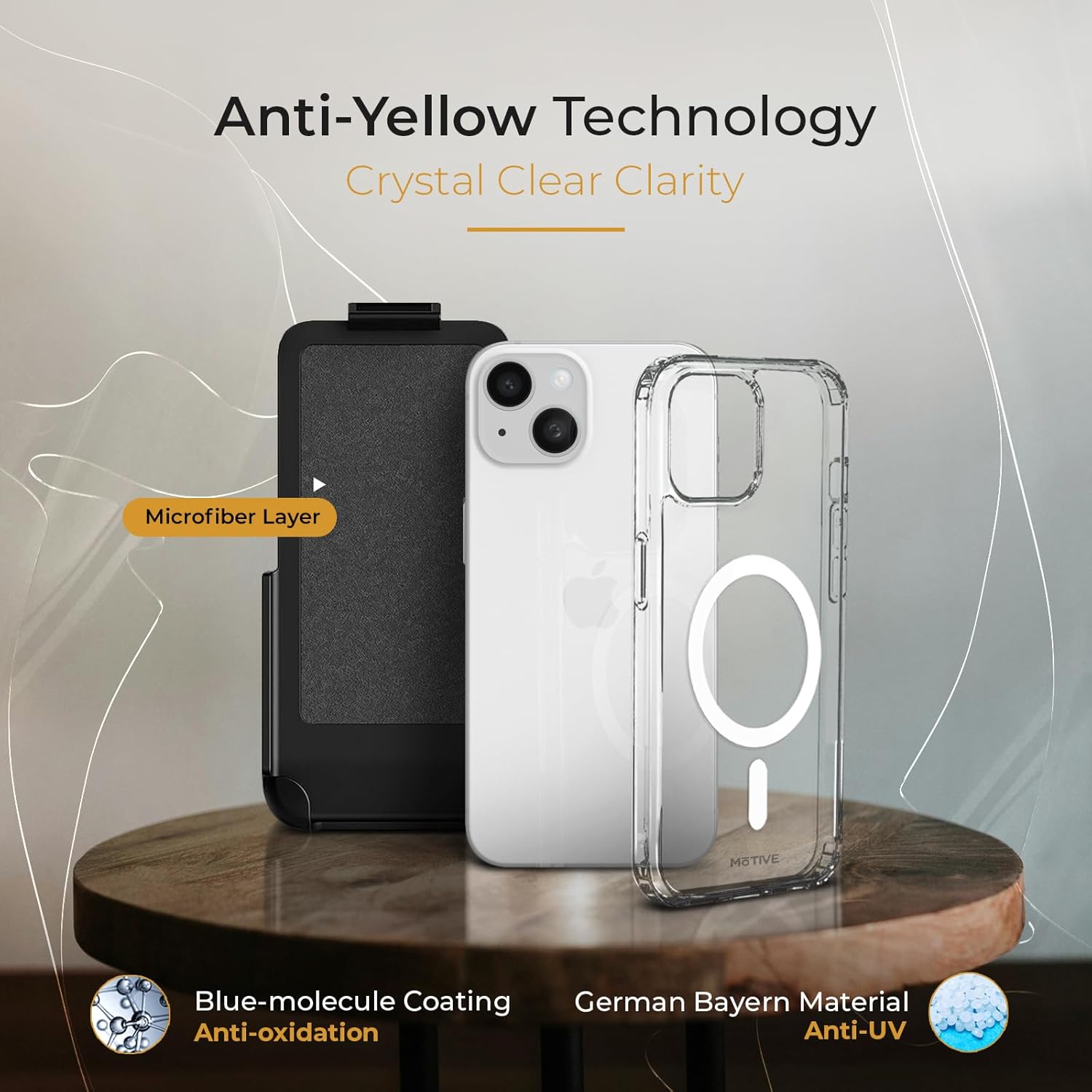 MOTIVE Funda magnética transparente para iPhone 15 con clip para cinturón, (diseñada para Magsafe), protección militar contra caídas, funda delgada