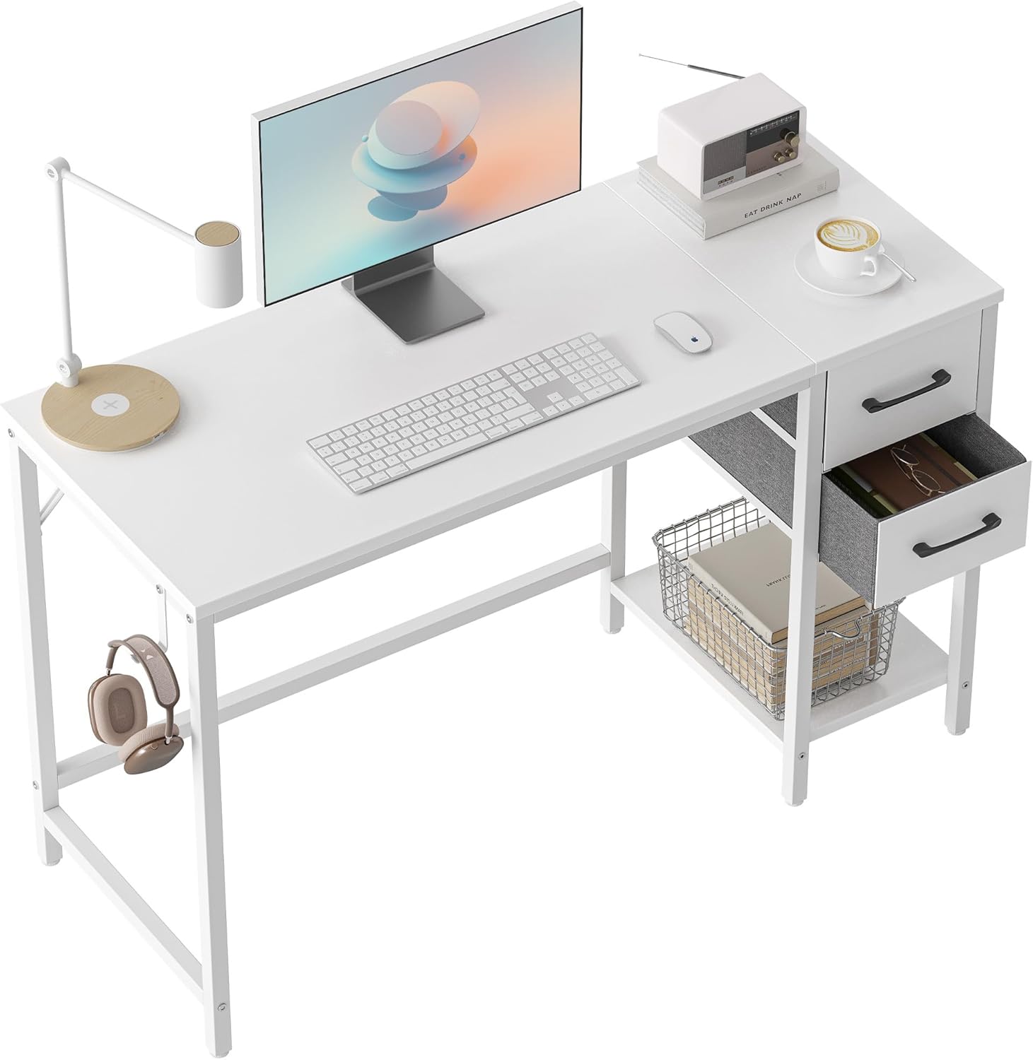CubiCubi Escritorio de oficina en casa para computadora con 2 cajones, escritorio pequeño blanco de 40 pulgadas, mesa de estudio, escritorio moderno