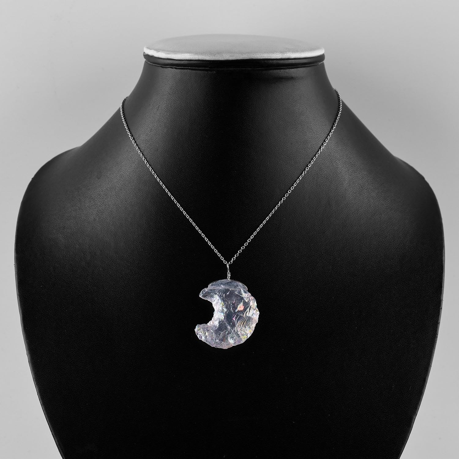 Moon-Shaped Angel Aura Quartz Pendant – Artisan Hammered Finish – Rhodium Plated Sterling Silver – Celestial Healing Crystal Necklace – Fashionable