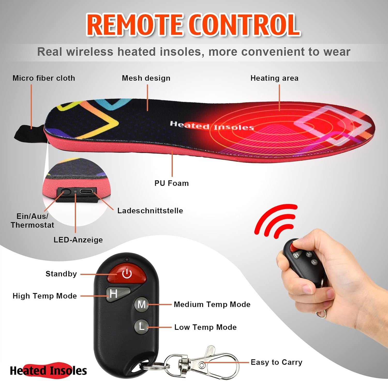 Zroezroe Plantilla térmica eléctrica recargable, suave y transpirable calentadores de pies con control remoto para camping, esquí, caza, pesca,