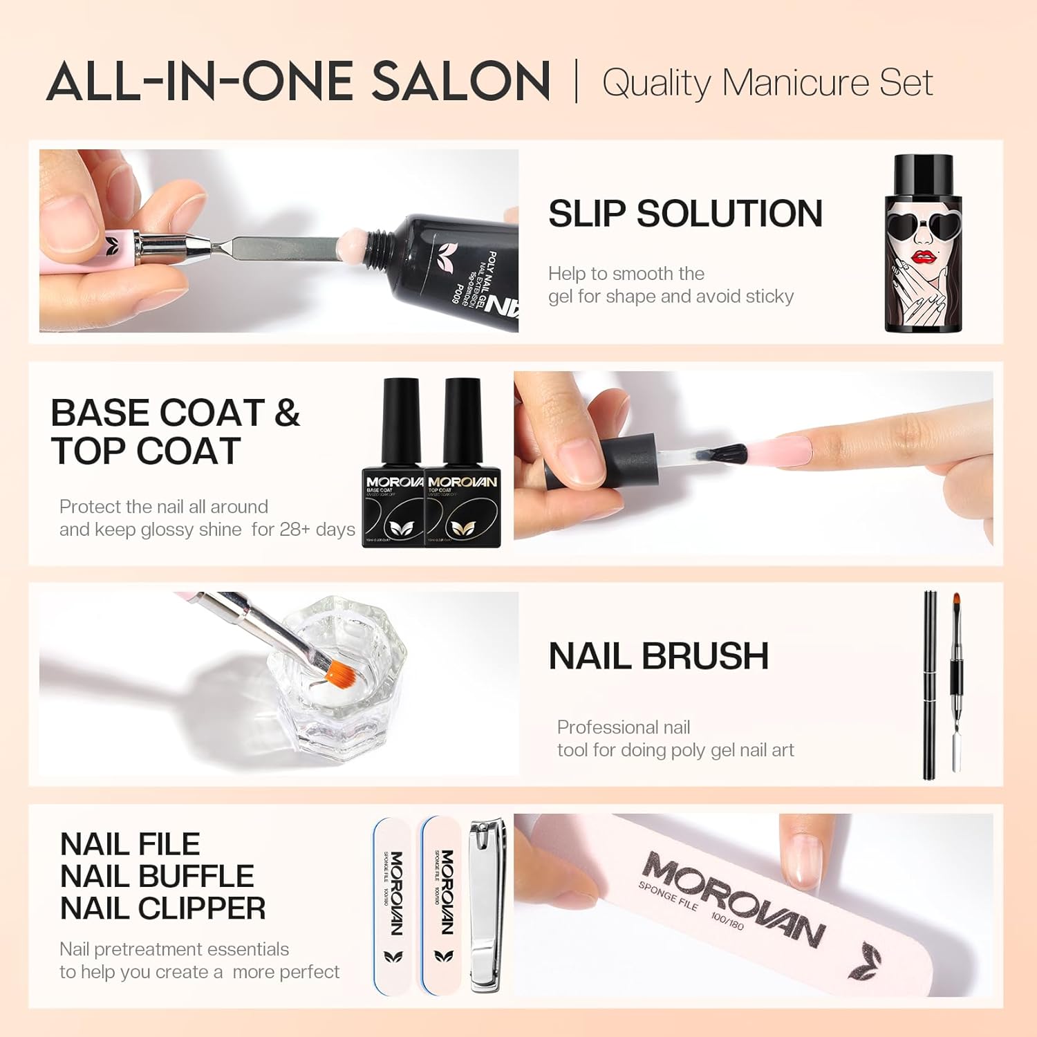 Morovan Kit de iniciación de uñas de poligel 8 colores con purpurina kit de gel de uñas con lámpara UV para principiantes, kit de extensión de gel