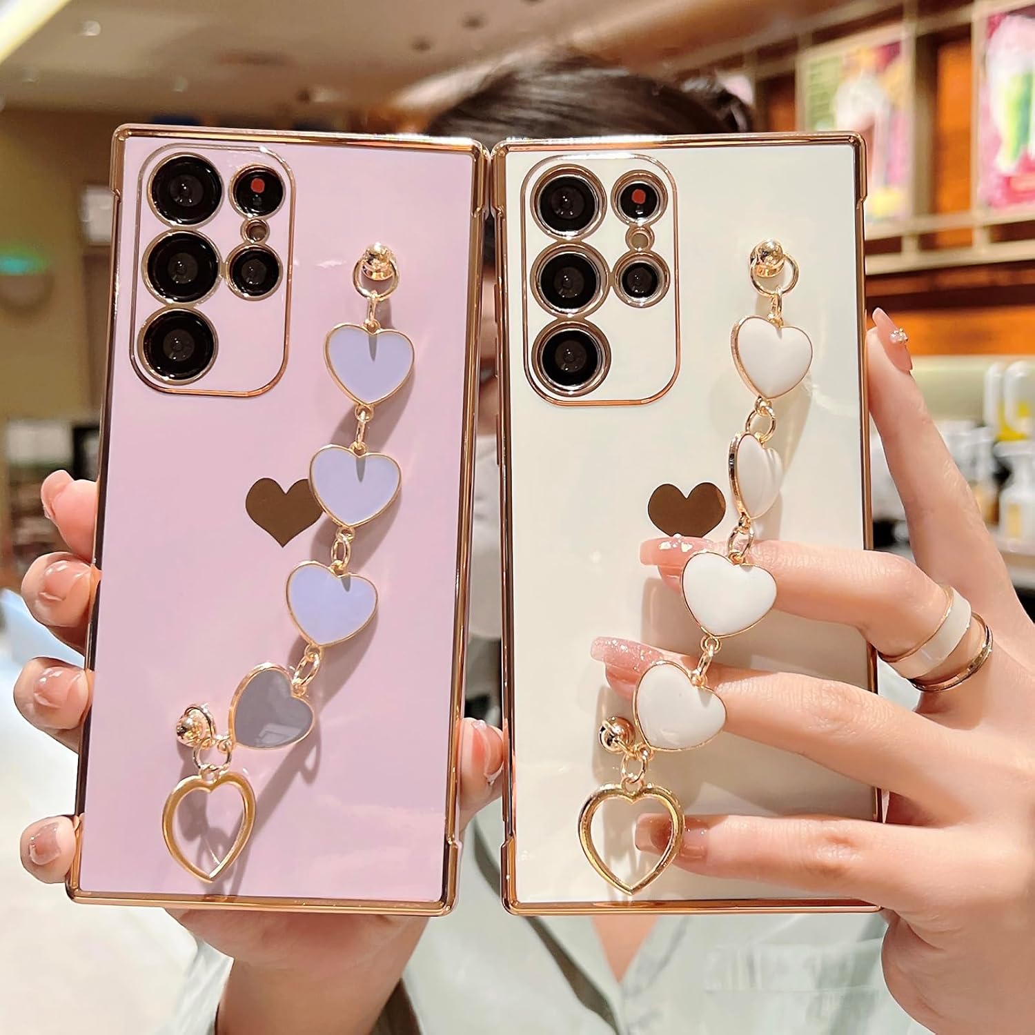 Funda para Samsung Galaxy S22 Ultra con pulsera de cadena única, chapado de lujo, bonitos corazones en el lateral, funda de correa de mano de fácil