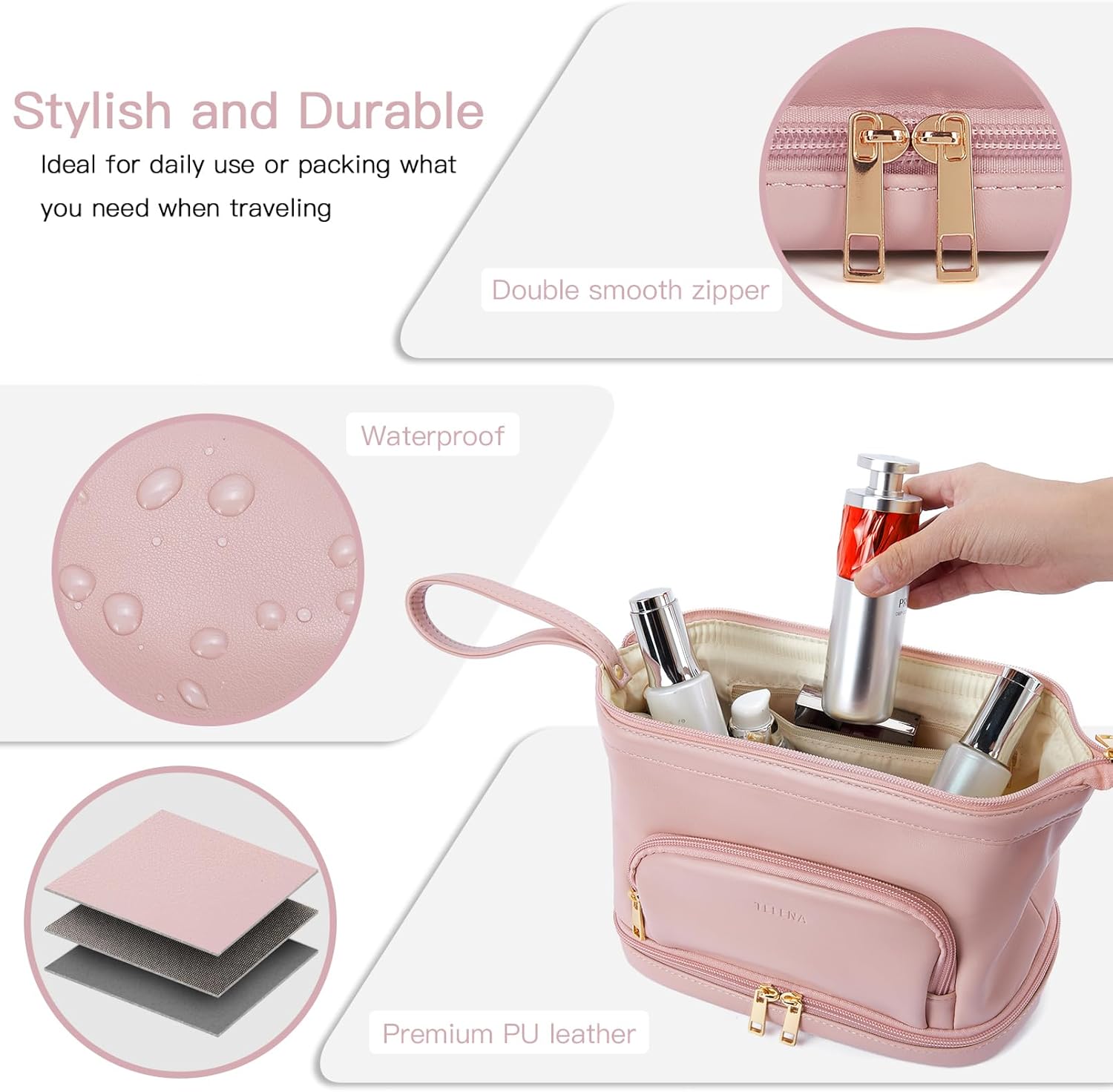 Telena Bolsa de maquillaje de gran capacidad, bolsas de cosméticos de viaje de doble capa, bolsa de maquillaje portátil de cuero para mujeres
